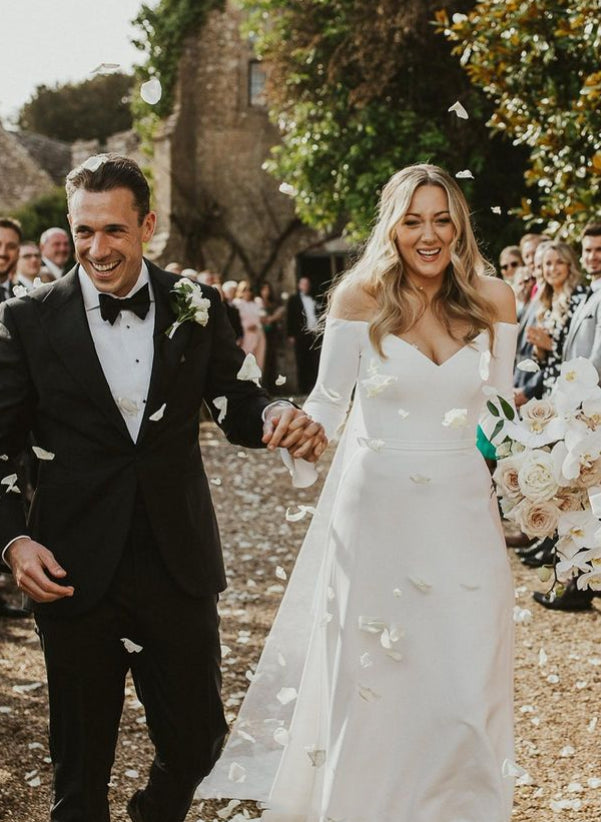 Off The Shoulder A Line Elastic Satin Wedding Dress with Long Sleeves