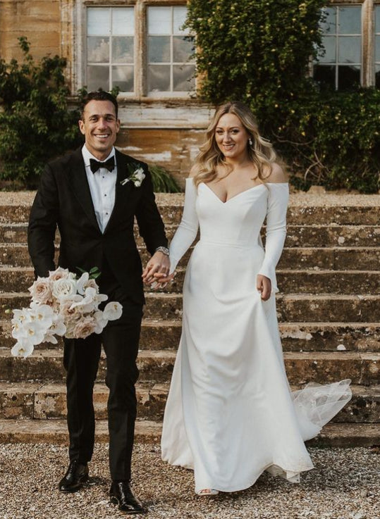 Off The Shoulder A Line Elastic Satin Wedding Dress with Long Sleeves