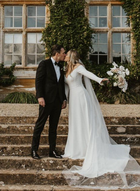 Off The Shoulder A Line Elastic Satin Wedding Dress with Long Sleeves