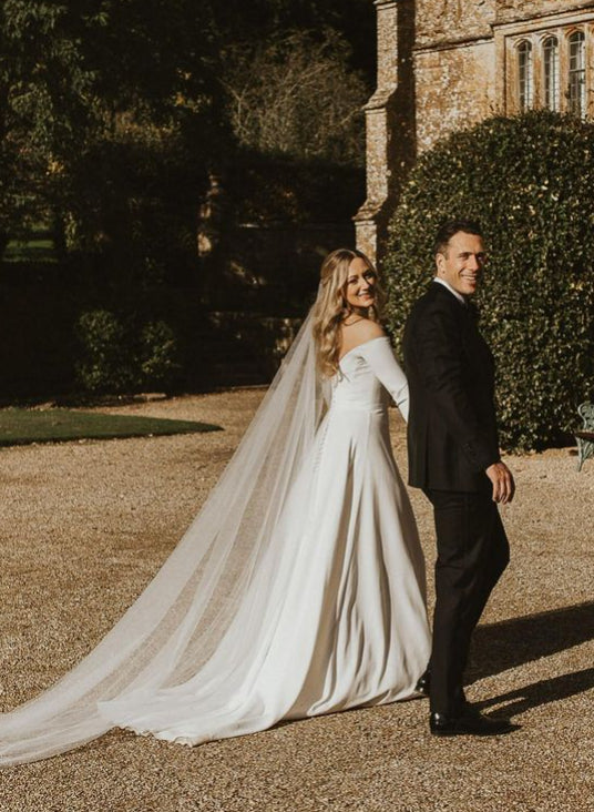 Off The Shoulder A Line Elastic Satin Wedding Dress with Long Sleeves