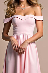 Off The Shoulder A Line Pink Wedding Guest Dress Ruched Long Formal Dress