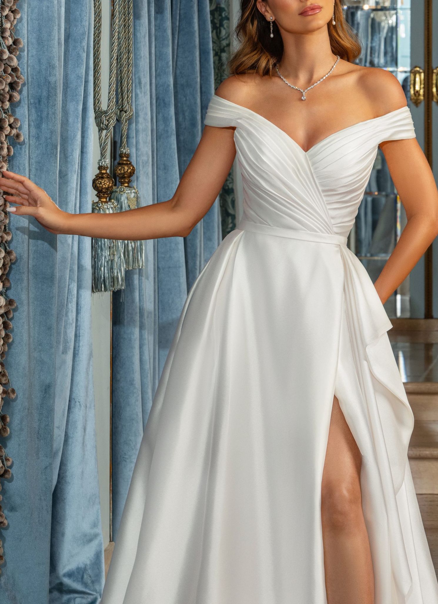 Off The Shoulder A Line Pleated Wedding Dress With Split Front