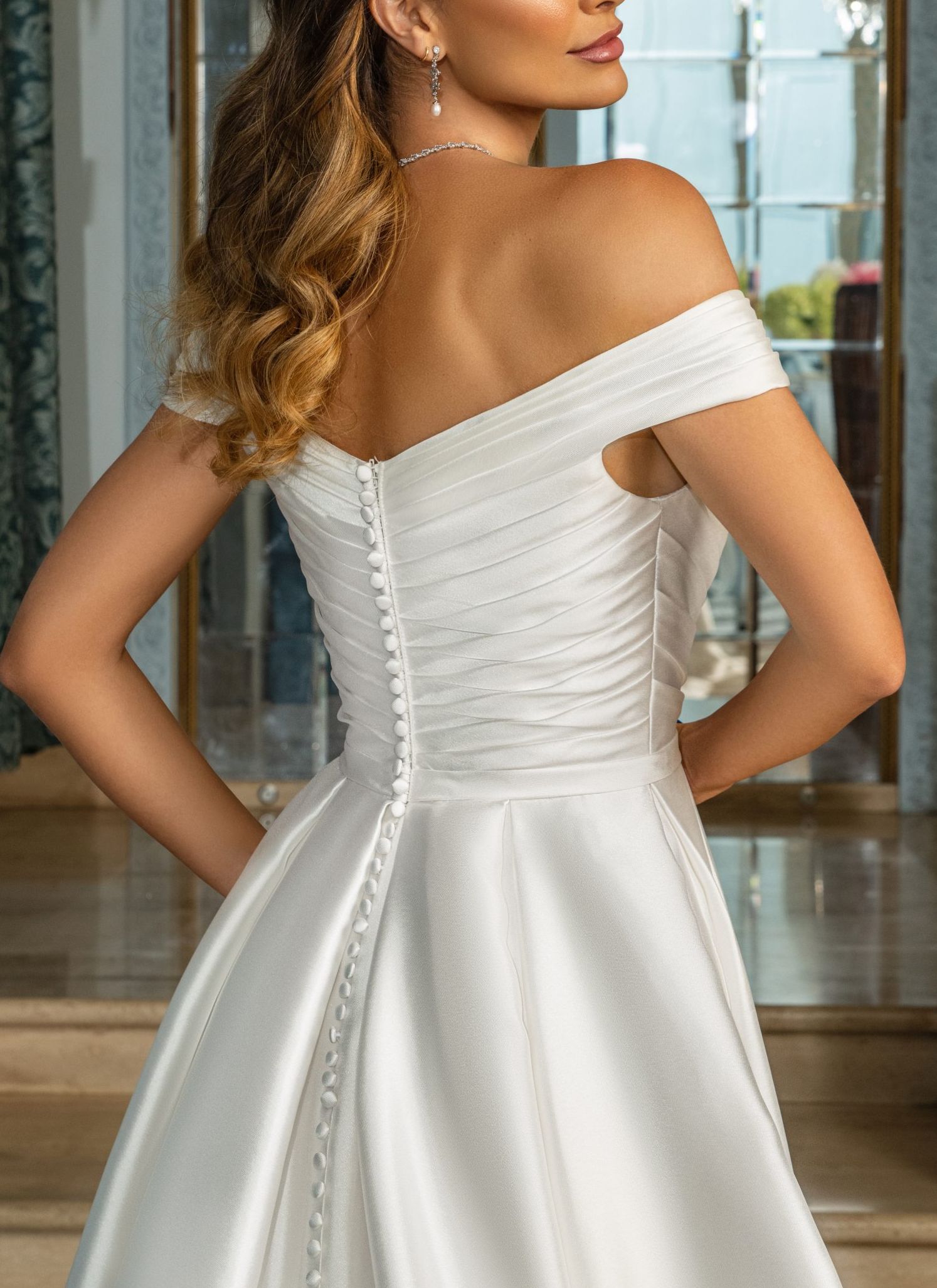 Off The Shoulder A Line Pleated Wedding Dress With Split Front