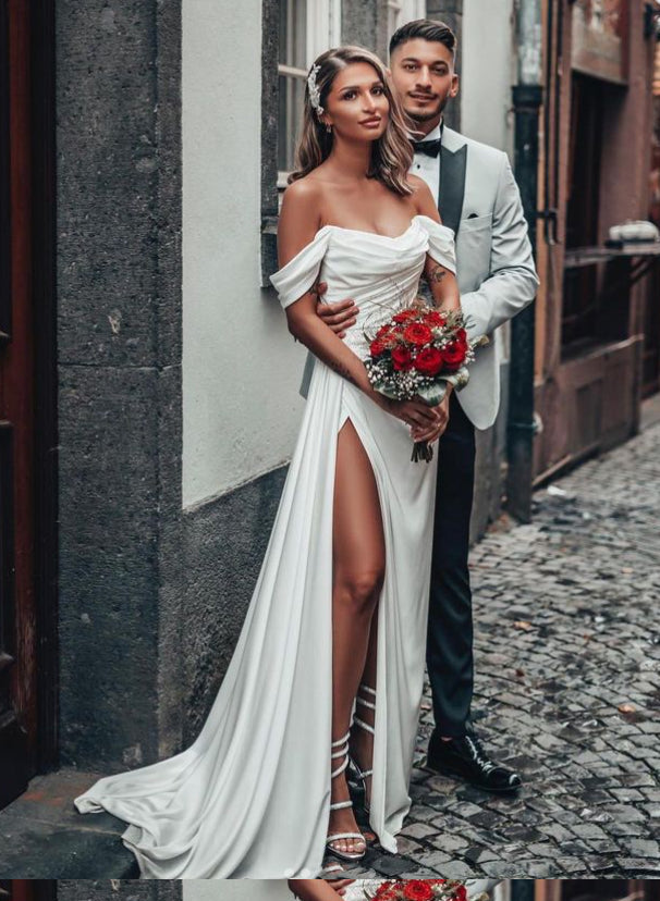 Off The Shoulder A Line Satin Wedding Dress With Split Front