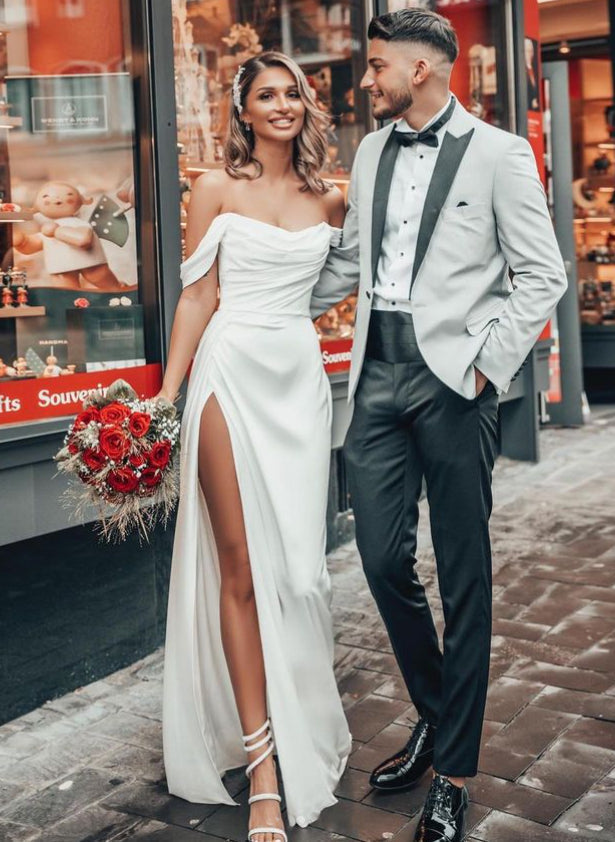 Off The Shoulder A Line Satin Wedding Dress With Split Front