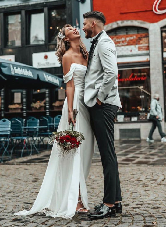 Off The Shoulder A Line Satin Wedding Dress With Split Front