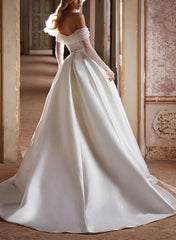 Off The Shoulder A Line Wedding Dress With Long Sleeves and Pockets Featuring Sequins