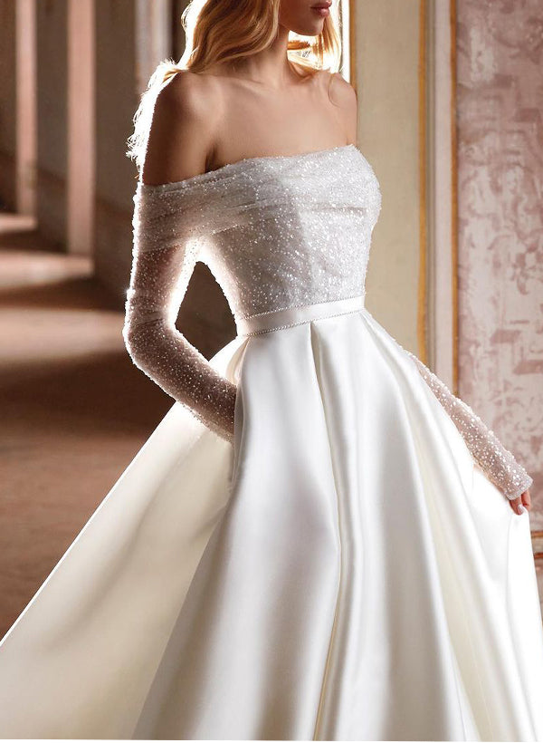 Off The Shoulder A Line Wedding Dress With Long Sleeves and Pockets Featuring Sequins