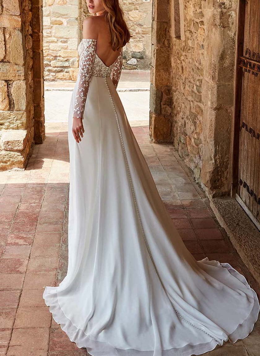 Off The Shoulder A Line Wedding Dress with Lace Long Sleeves