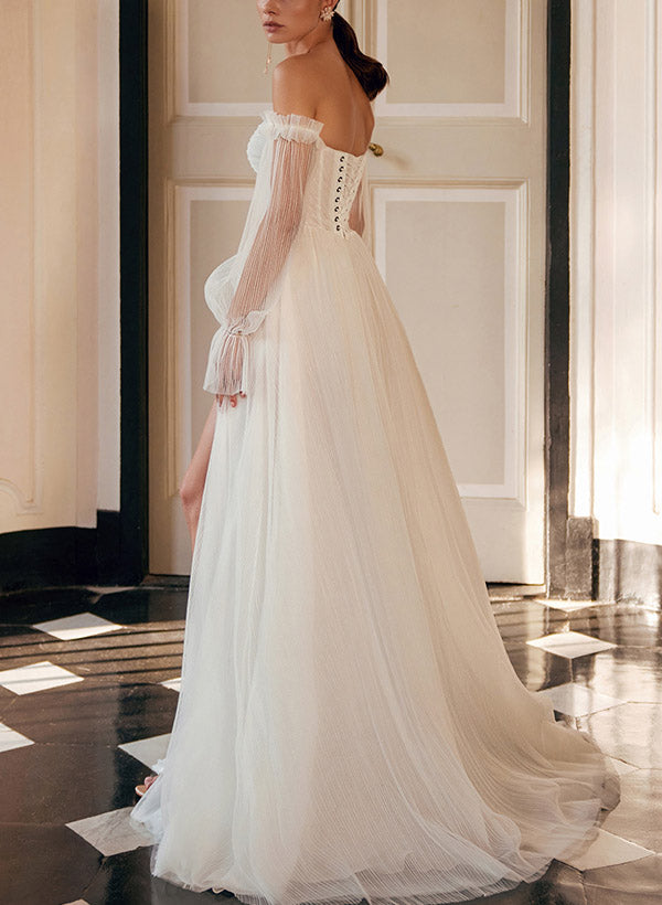 Off The Shoulder A Line Wedding Dress with Long Sleeves and Split Front
