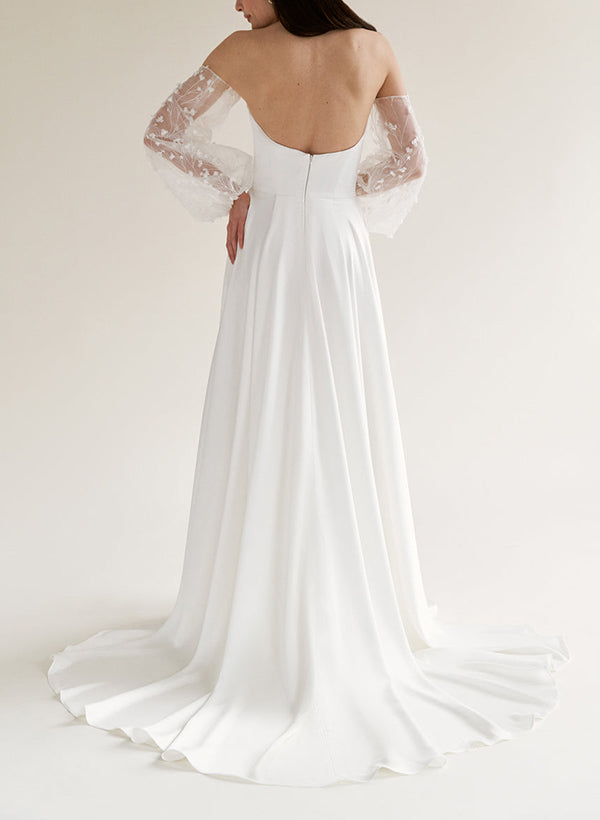 Off The Shoulder A Line Wedding Dress with Long Sleeves and Split Front