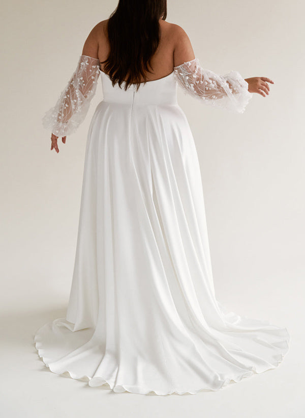 Off The Shoulder A Line Wedding Dress with Long Sleeves and Split Front