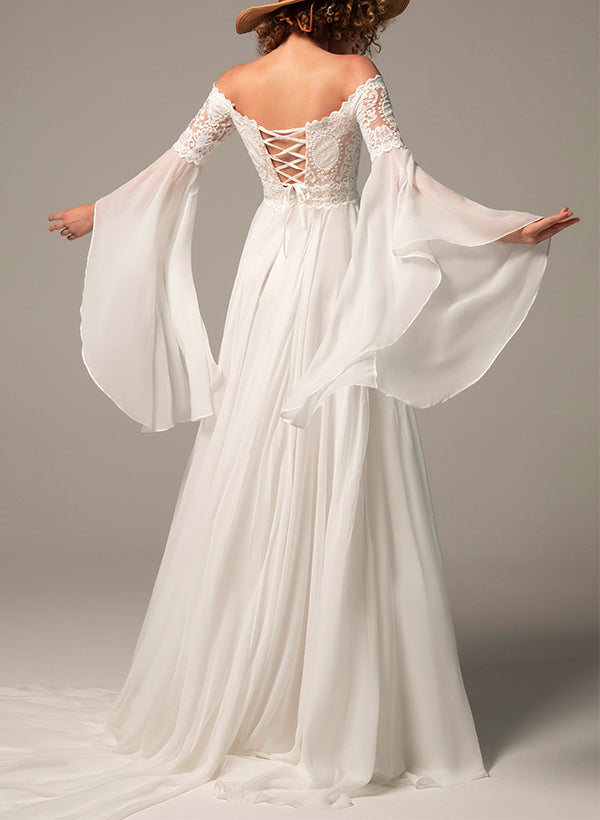 Off The Shoulder A Line Wedding Dress with Long Sleeves in Chiffon/Lace