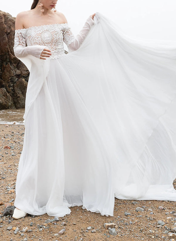 Off The Shoulder A Line Wedding Dress with Long Sleeves in Chiffon/Lace