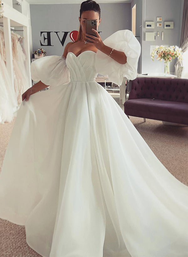 Off The Shoulder A Line Wedding Dress with Split Front and 1/2 Sleeves