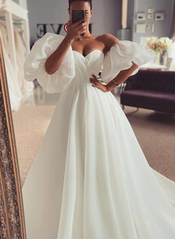 Off The Shoulder A Line Wedding Dress with Split Front and 1/2 Sleeves