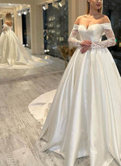 Off The Shoulder Ball Gown Satin Wedding Dress with Long Sleeves