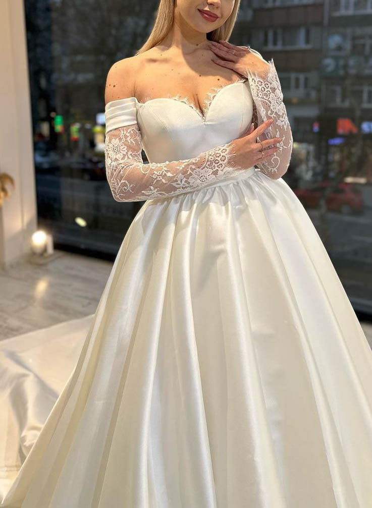 Off The Shoulder Ball Gown Satin Wedding Dress with Long Sleeves