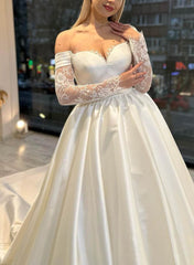 Off The Shoulder Ball Gown Satin Wedding Dress with Long Sleeves