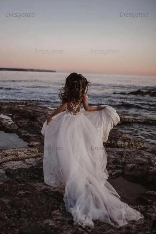 Off The Shoulder Beach Wedding Dress Tulle Lace Appliqued Bridal Gown