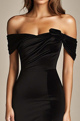 Off The Shoulder Black Wedding Guest Dress Mermaid Satin Long Formal Dress With Slit