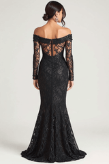 Dressystars Off The Shoulder Black Wedding Guest Dress Sheath Formal Dress With Lace Long Sleeves