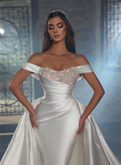 Off The Shoulder Chapel Train Satin Wedding Dress With Panel Train