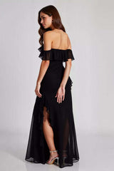 Off The Shoulder Chiffon Black Wedding Guest Dress Formal Dress With Slit