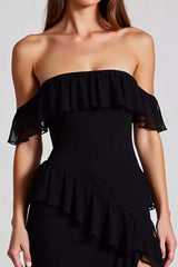 Off The Shoulder Chiffon Black Wedding Guest Dress Formal Dress With Slit
