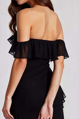 Off The Shoulder Chiffon Black Wedding Guest Dress Formal Dress With Slit