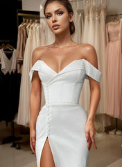 Off The Shoulder Court Train Satin Wedding Dress With Panel Train