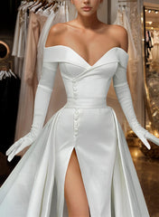 Off The Shoulder Court Train Satin Wedding Dress With Panel Train