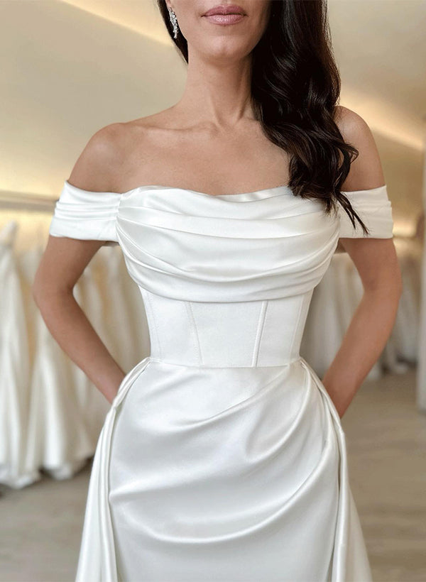 Off The Shoulder Cowl Neck Satin Wedding Dress