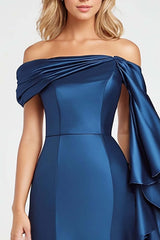 Off The Shoulder Dark Blue Wedding Guest Dress Mermaid Satin Long Formal Dress With Ruffles