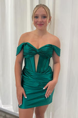 Off The Shoulder Dark Green Homecoming Dress Corset Tight Short Prom Dress