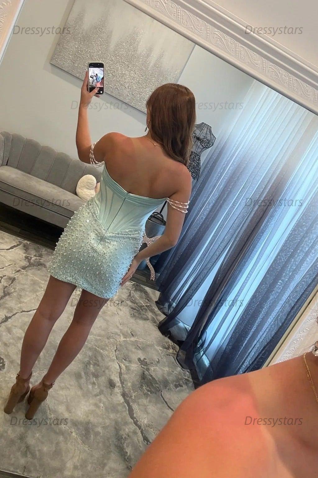 Off The Shoulder Homecoming Dress Bodycon Beaded Corset Short Cocktail Dress