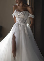 Off The Shoulder Lace/Tulle Wedding Dress With Split Front