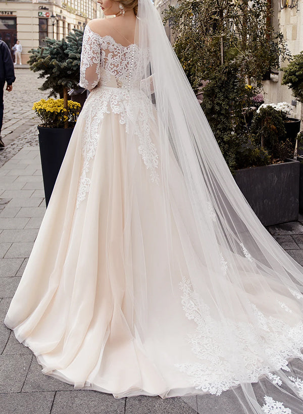 Off The Shoulder Long Sleeves Ball Gown Wedding Dress With Boho Lace/Tulle