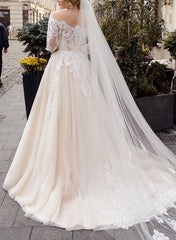 Off The Shoulder Long Sleeves Ball Gown Wedding Dress With Boho Lace/Tulle