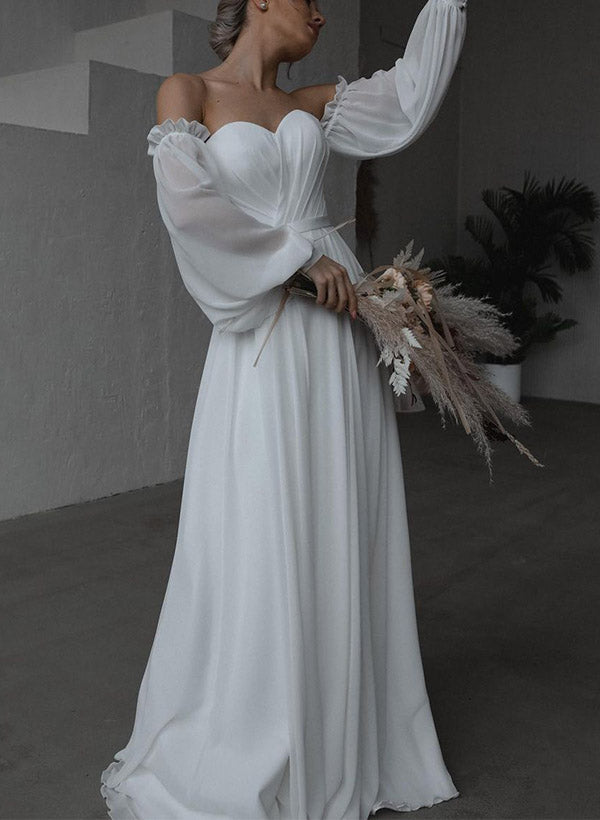 Off The Shoulder Long Sleeves Floor Length Tulle Wedding Dress