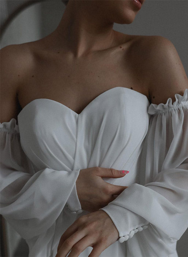 Off The Shoulder Long Sleeves Floor Length Tulle Wedding Dress