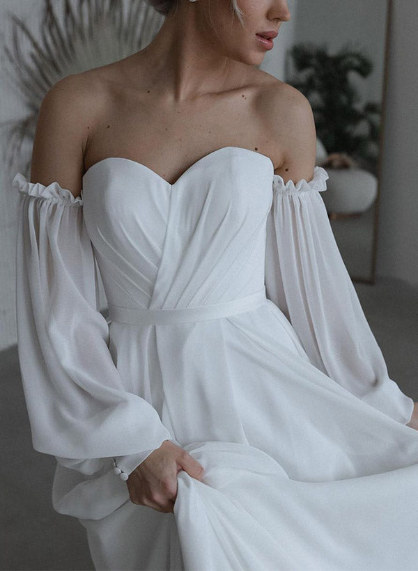 Off The Shoulder Long Sleeves Floor Length Tulle Wedding Dress