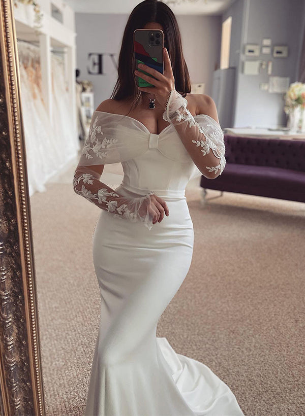 Off The Shoulder Long Sleeves Lace/Elastic Satin Wedding Dress for Mermaids