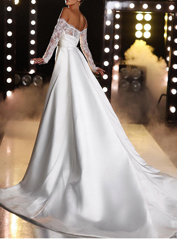 Off The Shoulder Long Sleeves Mermaid Trumpet Satin Wedding Dress With Panel Train