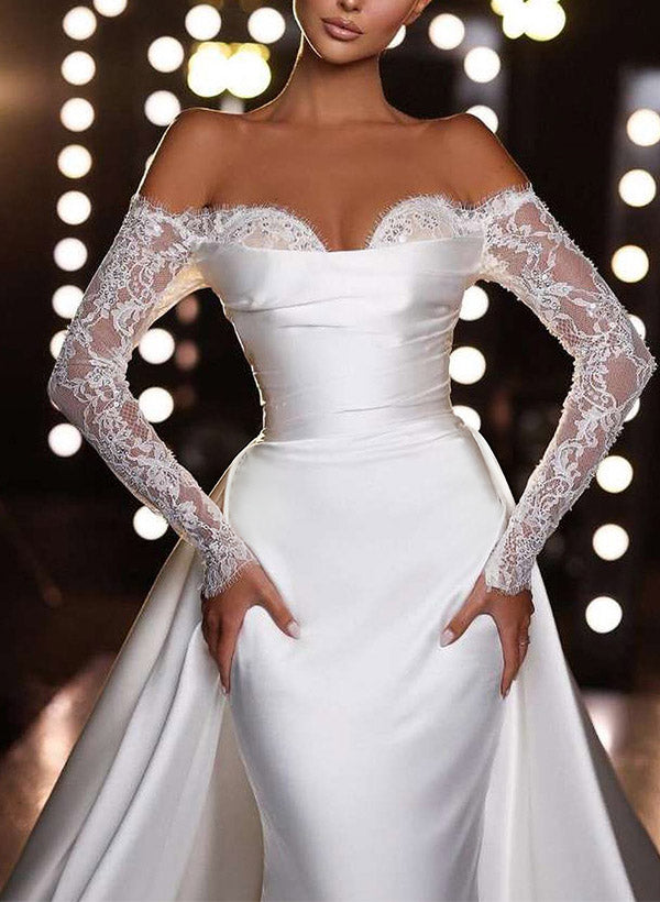 Off The Shoulder Long Sleeves Mermaid Trumpet Satin Wedding Dress With Panel Train