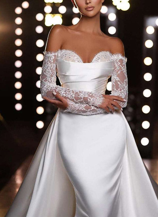 Off The Shoulder Long Sleeves Mermaid Trumpet Satin Wedding Dress With Panel Train