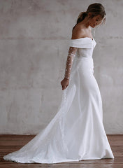 Off The Shoulder Long Sleeves Sweep Train Lace/Elastic Satin Wedding Dress With Lace