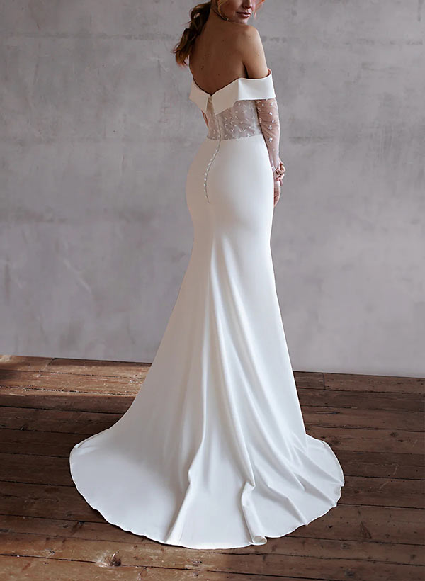 Off The Shoulder Long Sleeves Sweep Train Lace/Elastic Satin Wedding Dress With Lace
