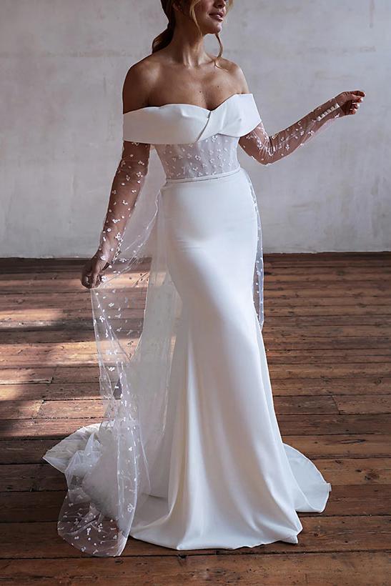 Off The Shoulder Long Sleeves Sweep Train Lace/Elastic Satin Wedding Dress With Lace