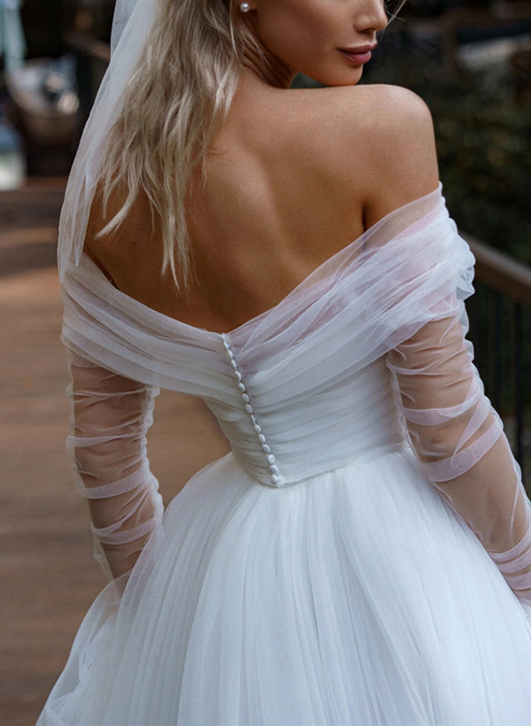 Off The Shoulder Long Sleeves Sweep Train Tulle Wedding Dress